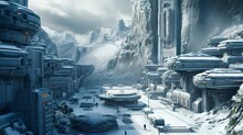 The Art Of The Advanced Of The City Alien Surface, Heavy Snow, The Combination Of Architectural Structure And Cliff Nature. AI Generative