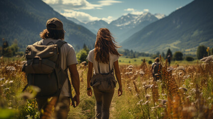 Back view woman and man with backpack hiking in summer nature. Generative Ai