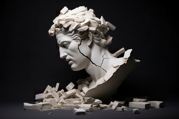 Broken ancient greek statue head falling in pieces. Broken marble sculpture, cracking bust, concept of depression, memory loss, mentality loss or illness. AI Generative