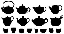 Set Collections Japanese Teapot Black Silhouette Icon Symbol. Japan Teacup Design Vector Illustration