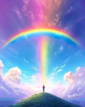 Stunning Blue Sky Panoramic Rainbow, Big Fluffy Clouds With A Giant Arcing Rainbow Against A Beautiful Summertime Blue Sky With Copy Space For Messages. AI Generative