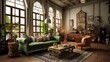 © VERTEX SPACE - retro design fifty interion colorful scheme living room home design concept background,house beautiful ideas sofa and armchair arrange in living area with natural light,ai generate