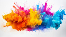 Colorful Rainbow Holi Paint Color Powder Explosion Isolated White Wide Panorama Background.