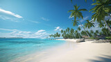 Fototapeta Przestrzenne - Beautiful tropical beach with coconut palm trees and blue sky. created with generative AI technology.