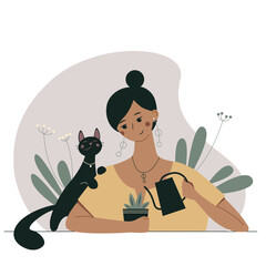 Wall Mural - Cute cartoon girl watering plant. Nice young woman and her black cat. Vector illustration.