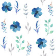 Vector watercolor seamless pattern with blue flowers. Floral background design.