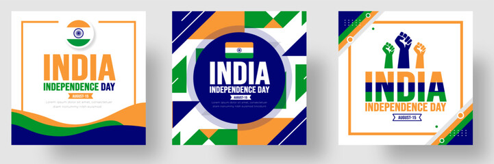 15 August India Independence day social media post banner or sticker design template set. Holiday concept. background, banner, placard, card, and poster design template with text inscription