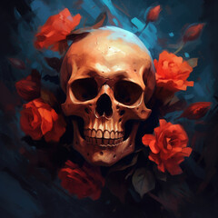 Wall Mural - Skull and roses. Digital art. Generative AI.