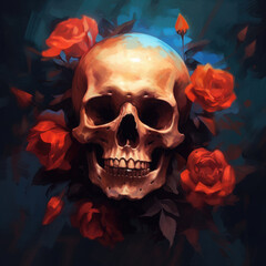 Wall Mural - Skull and roses. Digital art. Generative AI.