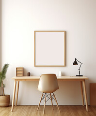 This minimalistic yet cozy interior design of an empty desk with a chair, a picture frame, and a poster on the wall. Minimal home interior design idea. Scandinavian minimal decor design look.