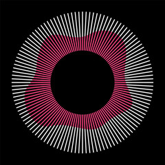 Abstract circle vector symbol. Radial concentric white and pink lines. Sunburst isolated on black background. Round vector design element. Vector illustration.