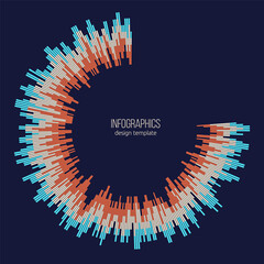 Wall Mural - radial blue, beige and orange concentric particles isolated on dark blue background. infographic tem