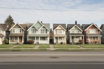 Row houses sidewalk front view. Generate Ai