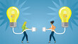 Banner, connecting ideas, research and development. Two women connecting their lightbulbs with shiny ideas. Teamwork, cooperation, supervision. Vector illustration. Dimension 16:9. 