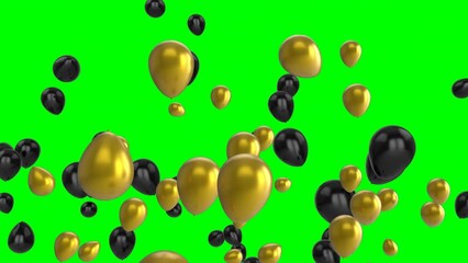 Wall Mural - animation of black and golden balloons flying against green background