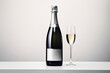 A bottle of champagne or sparkling wine with a silver label with a glass of champagne on a light background.