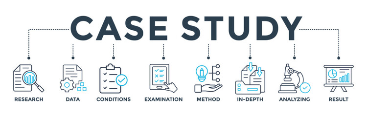 case study banner web icon vector illustration concept with icon of research, data, conditions, exam