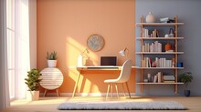 Study Room Interior Design With Computers, Bookcase Chairs And Tables And Armchairs, Minimalist Style, Modern Home