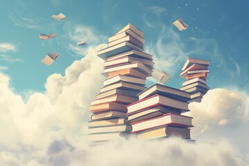 Playful Floating Books in the Cloudy Sky, Generative AI