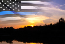 Thin Blue Line. American Flag With Police Blue Line On A Background Of Sunset. Support Of Police And Law Enforcement. National Law Enforcement Appreciation Day