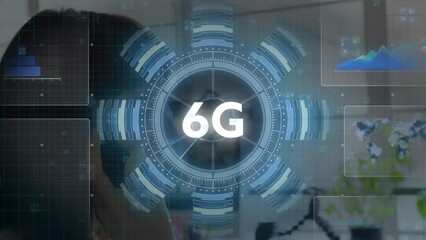 Poster - Animation of 6g text in arc reactor, graphs, map over caucasian woman talking on smartphone