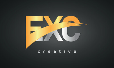 EXC Letters Logo Design with Creative Intersected and Cutted golden color