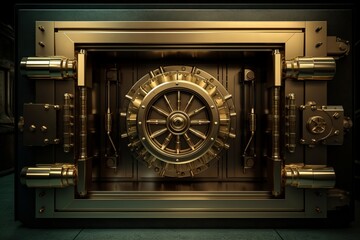 Dark Gold and Gold Bank Safe with Unsecured Door, Security Concept, Copy Space, Generative AI