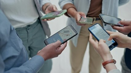 Poster - Business people, phone and hands in circle for networking, social media or browsing and sharing information at office. Group of employees or team on mobile smartphone app, online website or data sync