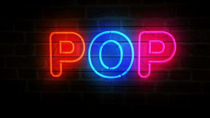 Poster - Pop music neon on brick wall. Disco dance popular 1980s art style  light color bulbs. Abstract concept 3d animation.