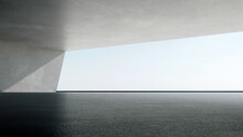 3d Rendering Of Empty Concrete Room With Sunlight Through The Large Window. Abstract Architecture With Cement Floor.
