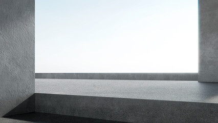 Fototapete - 3d rendering of empty concrete room with sunlight through the large window. Abstract architecture with cement floor.