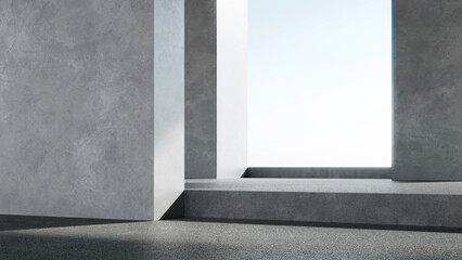 Fototapete - 3d rendering of empty concrete room with sunlight through the large window. Abstract architecture with cement floor.