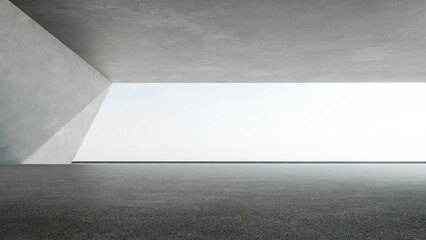 Fototapete - 3d rendering of empty concrete room with sunlight through the large window. Abstract architecture with cement floor.