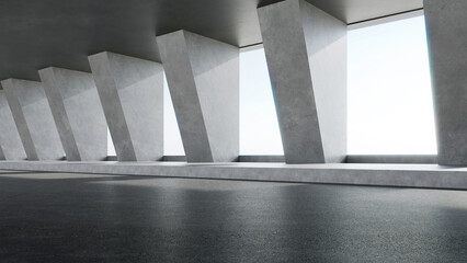 Fototapete - 3d rendering of empty concrete room with sunlight through the large window. Abstract architecture with cement floor.