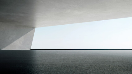Fototapete - 3d rendering of empty concrete room with sunlight through the large window. Abstract architecture with cement floor.