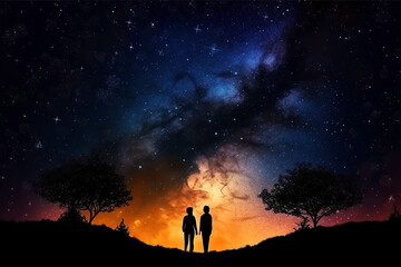 ai generated Illustration Milky Way with silhouette of couple.