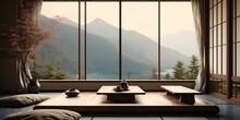 AI Generated. AI Generative. Classic Vintage Traditional Asian Chinese Japanese Interior Minimalistic Style With Big Window View On Nature Outdoor Landscape. Forest And Mountains. Graphic Art