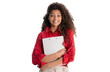© ty - Businesswoman in red shirt standing with documents on a transparent background