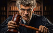 A stern-looking judge holds the hammer he uses to bring order to the courtroom