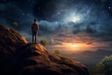 Fototapeta Kosmos - Man standing on the rock outdoors contemplating the starry night and the full moon