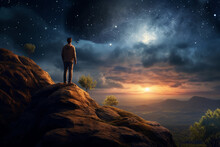 Man Standing On The Rock Outdoors Contemplating The Starry Night And The Full Moon
