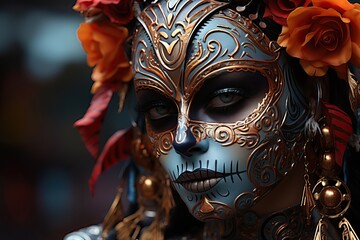 Wall Mural - Visage de Catrina avec coiffure de fleurs, arrière-plan du Jour des Morts, Generative IA