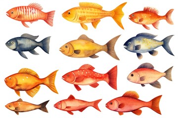 Wall Mural - Watercolor fish clip art on white background Generative AI