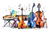 Watercolor music instruments clip art on white background Generative AI