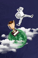 Poster - Vertical collage picture of black white gamma sporty mini guy jump hold fitball big green moon champion trophy cup night clouds sky