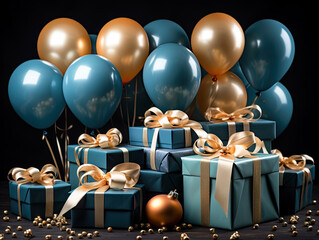 Masculine Father's Day and boys' birthday colors come alive with beautifully wrapped gifts featuring ribbons and balloons, showcased against a moody dark blue backdrop. Generative AI
