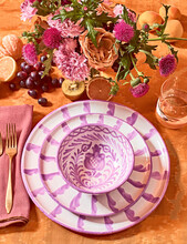 Table, Plate, Dinner, Decoration, Setting, Restaurant, Glass, Celebration, Fork, Flower, Knife, Dining, Cup, Napkin, Party, Place, Fruit, Colorful, Purple, Pattern