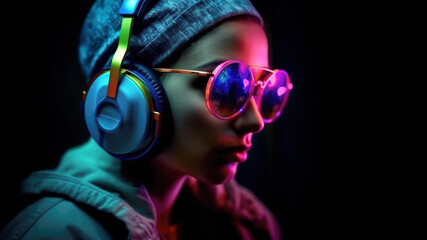 Wall Mural - Portrait of woman dj in sunglasses and headphones on dark background. generative AI