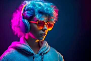 Wall Mural - Portrait of man dj in eyewear and headphones on neon dark background. generative AI