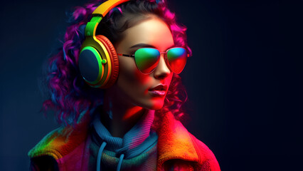 Wall Mural - Portrait of woman dj in sunglasses and headphones on dark background. generative AI